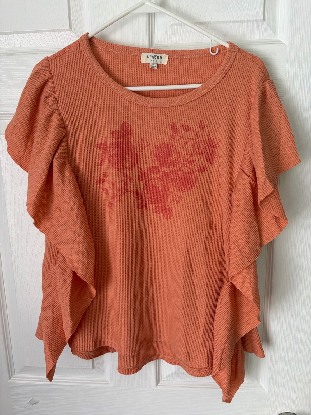 Umgee Coral Ruffled Short Sleeve Floral Tee